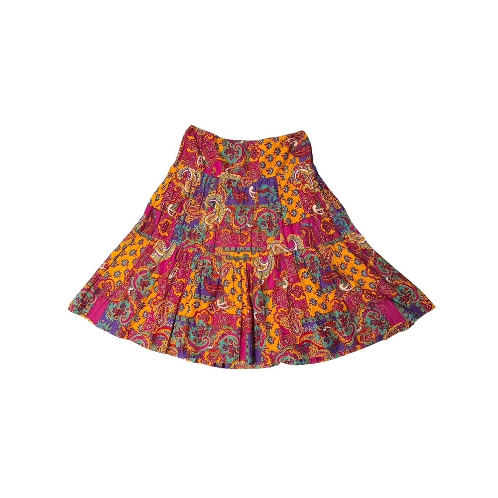 Lauren Ralph Lauren Womens Sz M Paisley Patchwork Tiered Midi‎ Skirt Pink Orange